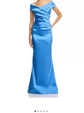 Off-the-Shoulder Satin Maxi Dress in Bright Blue